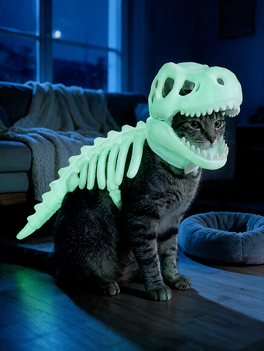 Glow-in-the-Dark T-Rex Skeleton Cat Costume | Halloween Pet Outfit