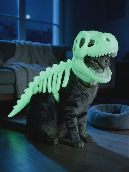 Glow-in-the-Dark T-Rex Skeleton Cat Costume | Halloween Pet Outfit